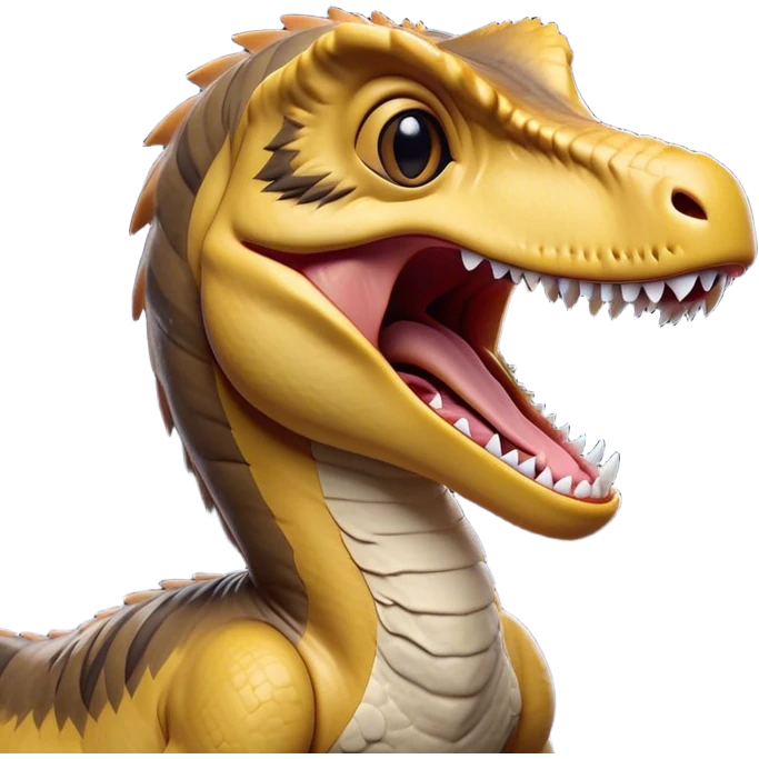 Cinematic Cute Yawning jurassic park Velociraptor Portrait Emoji, Head tilted slightly with a dramatic, wide-open yawn, showcasing a lean, powerful body with a relaxed snout and sleepy, half-closed eyes that hint at both ferocity and fatigue, Simplified yet irresistibly cute features, highly detailed, glowing with a soft, cozy prehistoric glow, high shine, relaxed yet expressive, stylized with a hint of whimsical ancient ease, soft glowing outline, capturing the essence of a drowsy yet endearing jurassic park Velociraptor that appears ready to stretch and yawn its way out of the screen! emoji