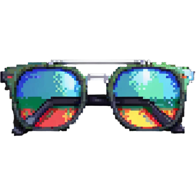 Y2K style pixelated sunglasses with reflective lenses, chrome frames, digital millennium aesthetic emoji