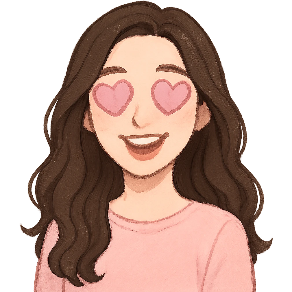 A white Barbie girl with long dark brown wavy hair in pale pink clothes has pale pink hearts instead of eyes emoji