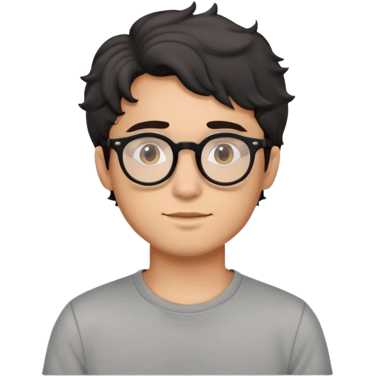Young man with black wavy hair, round glasses, casual grey t-shirt emoji