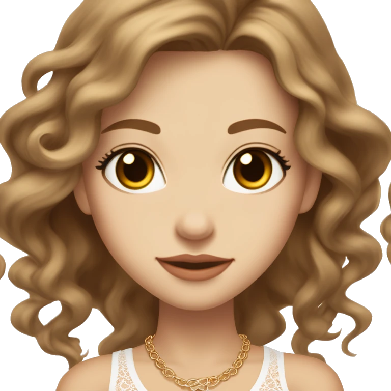 fair-skinned girl with light brown, almond-shaped eyes and long lashes. long, light brown hair styled in a voluminous, wavy blowout. wearing a delicate white lace tank top and a dainty gold necklace, creating an elegant and feminine look. emoji