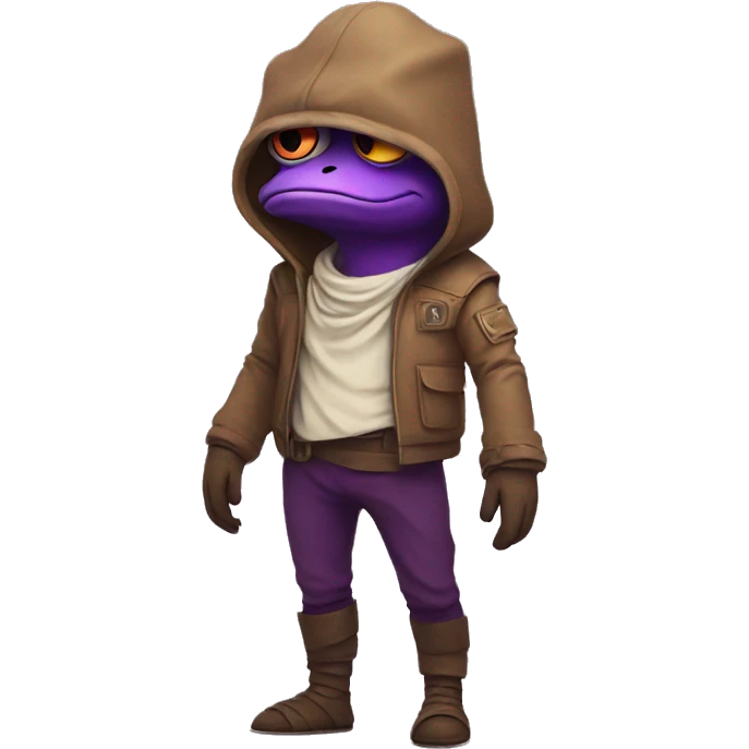 Pepe is cute in full height in brown and purple tones, stylish, brutal in a komonaut costume emoji
