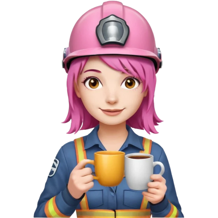 сделай молодую девушку с розовыми волосами, накрашенную красиво, с стаканчиком кофе и в каске с инстаграмным выражением лица emoji