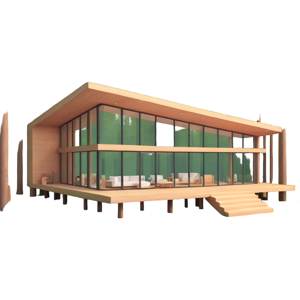realistic luxury forest home with glass walls surrounded by tall trees emoji