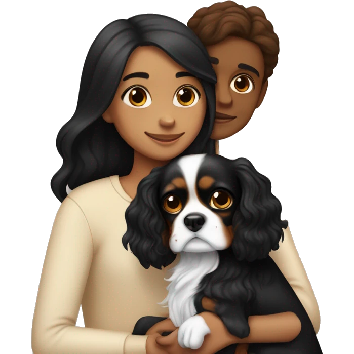 girl with black hair, and light skin, hugging two black and brown cavalier king charles spaniel  emoji