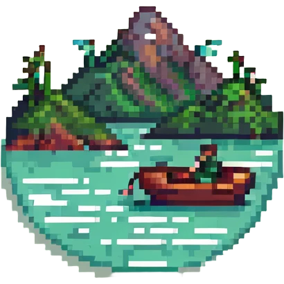 mountains with sea and a small boat emoji