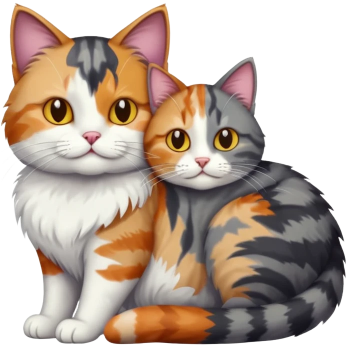 full body colourful light patched calico + white tabby cat cuddling a large dark grey and white tabby cat  emoji