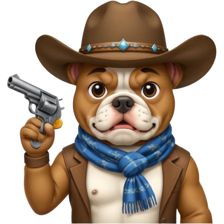 A bulldog wearing a cowboy hat, covering his mouth with a scarf so he wouldn't be recognized, pointing a revolver at you, telling you to hand over your money. emoji