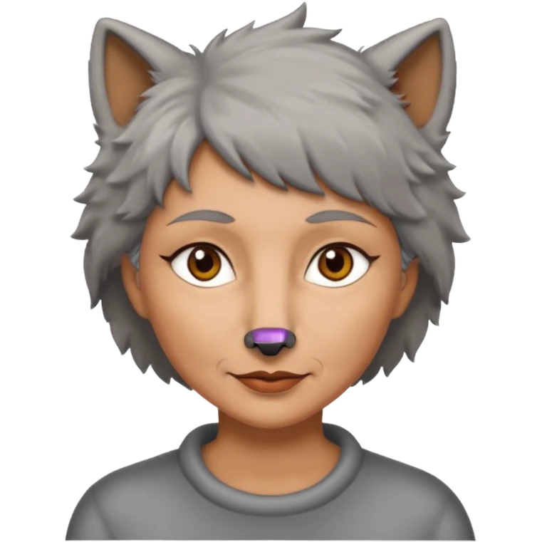 woman 50 years old, short grey fluffy wolf-cut hair, tannes skin and brown eyes emoji
