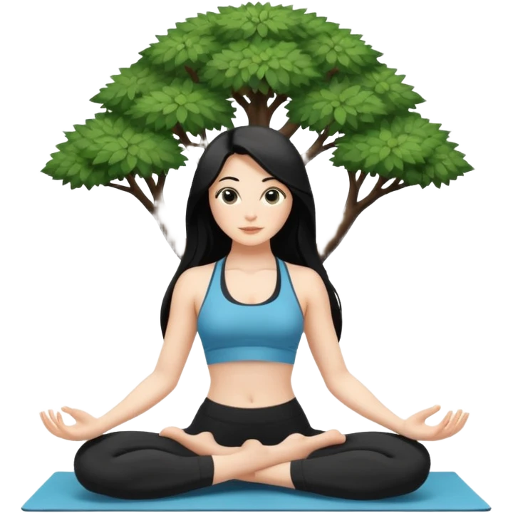 white girl with black long hair doing yoga tree postion emoji