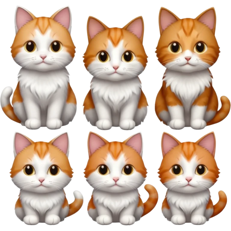 6 cats with different coloured coats, 2 are grey and white, 1 is grey with a little white, 1 calico, 1 brown tabby and white and one ginger and white emoji