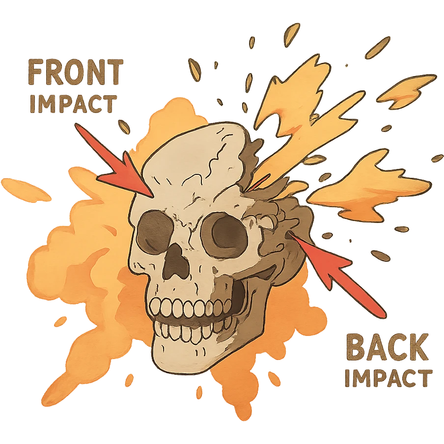 a skull exploding, diagram, front and back impact points,  emoji