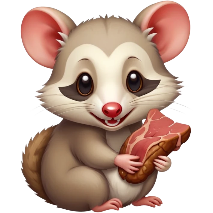 A cartoonish opossum happily munching on a juicy piece of meat, with a playful expression and a small bone in the background, simple and cute style, emoji design. emoji