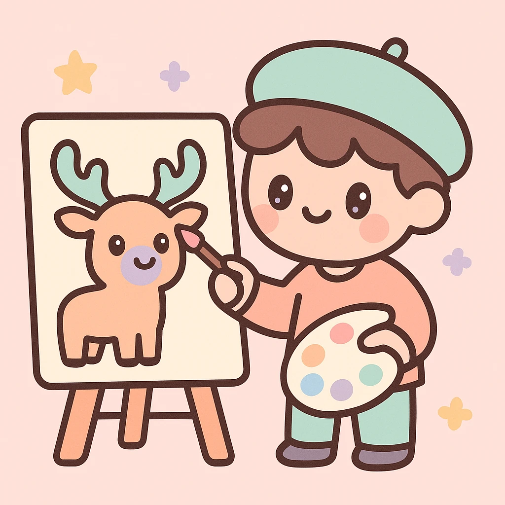 a man painting an elk, stylized and creative, cute and colorful, playful design emoji