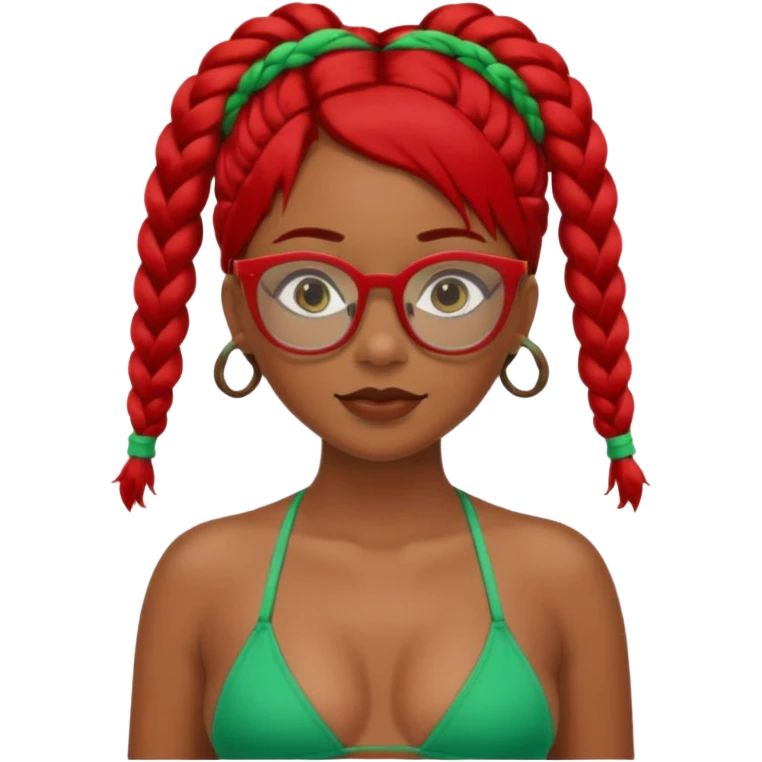 Dark Tan girl with two long red plaits and red rimmed  glasses, green bikini top,  head neck and shoulder shot only emoji