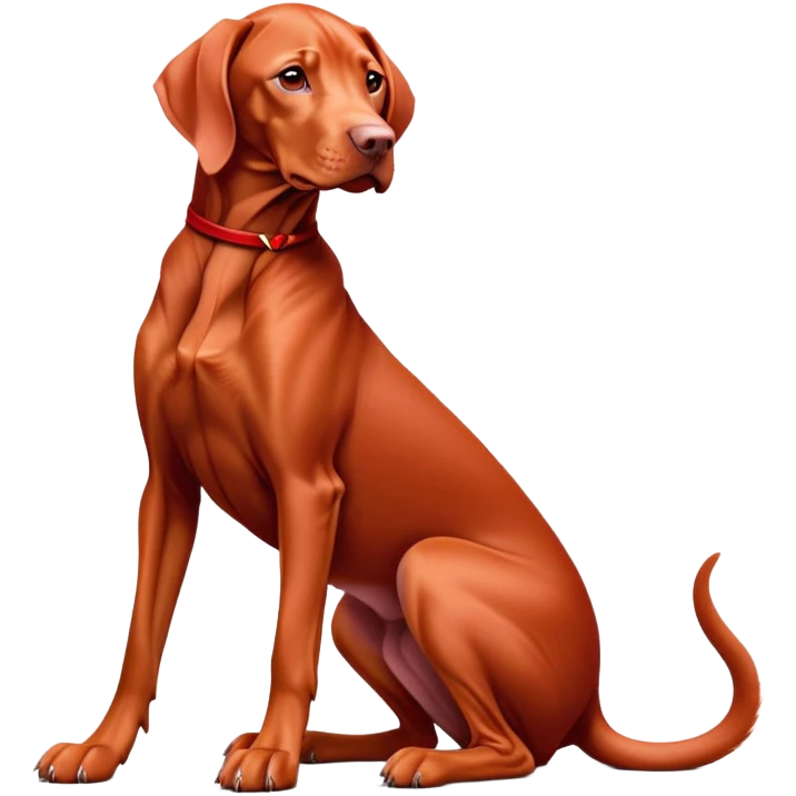 cinematic-[Vizsla-realistic-full-body-sitting-emoji,-tail-resting-loosely-beside-its-paws,-head-tilted-dramatically, -sleek-[red]-fur,-simplified-yet-realistic-focused-features,-highly-detailed,-glowing-with-an-almost-sarcastic-glow emoji