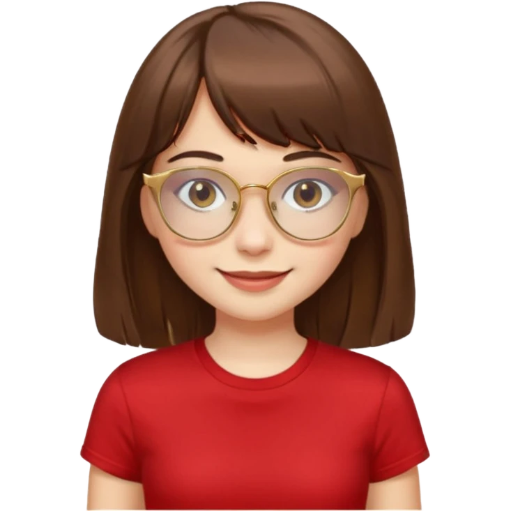 chica con piel blanca sonriendo, ojos marrones y pelo marrón largo hasta la cintura con flequillo y lentes dorados con remera roja. emoji
