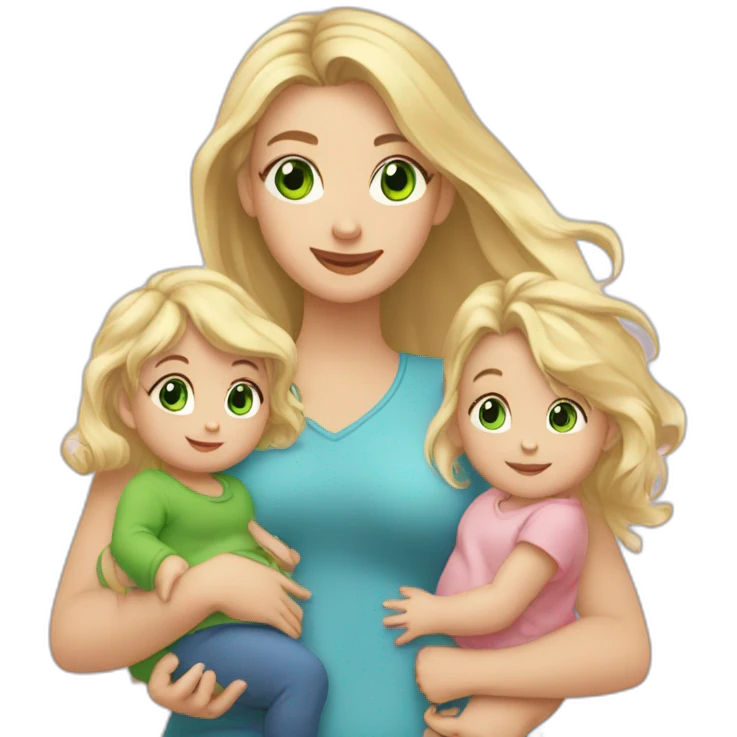 a girl with long blonde hair and green eyes, holding 1 little baby boy and 1 little baby girl, and a blonde toddler girl is standing nearby emoji