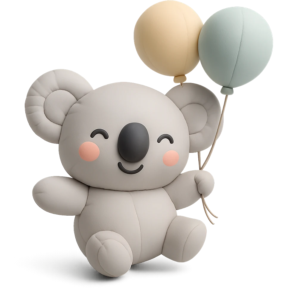 koala floating with pastel balloons, happy face, cushion style emoji