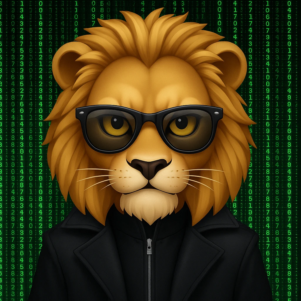 Add a green Matrix code background behind the lion-headed Neo, keeping the emoji style look and feel. emoji