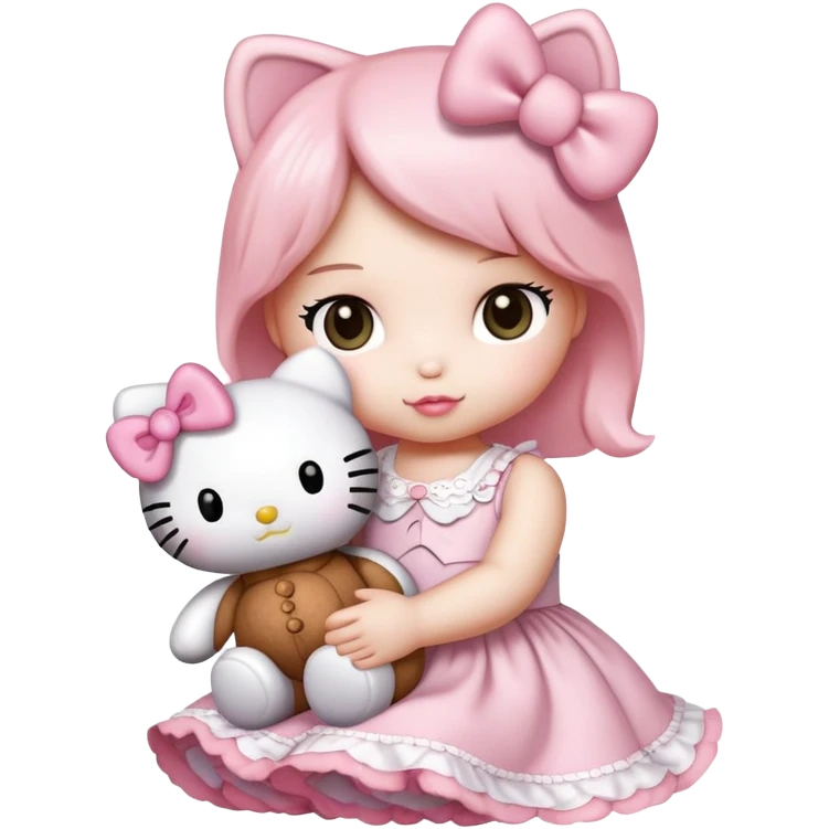 Hello kitty with a light pink bow holding a teddy ebar emoji