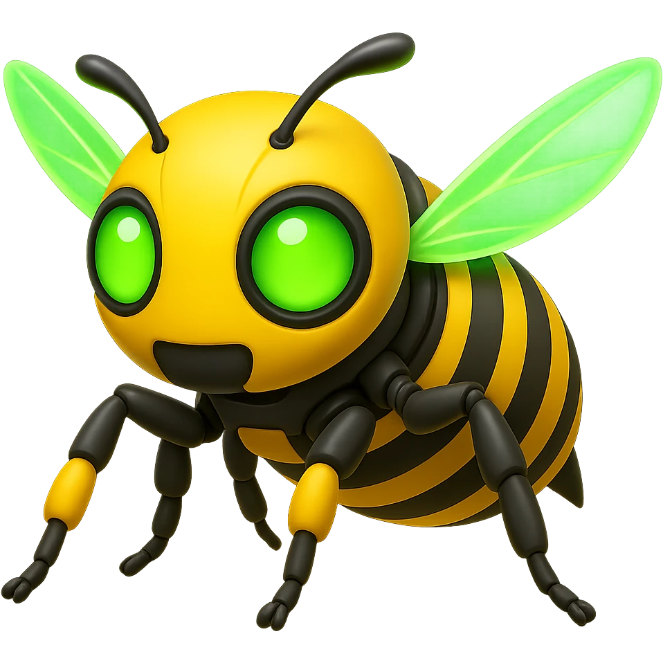 Create a robotic bee with green glowing energy wings in the style of apple emojis, focusing on concise and clear emoji style representation. emoji