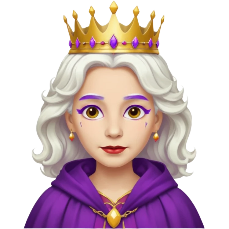 Queen with wavy white hair – golden crown, purple robe, red face paint mark emoji