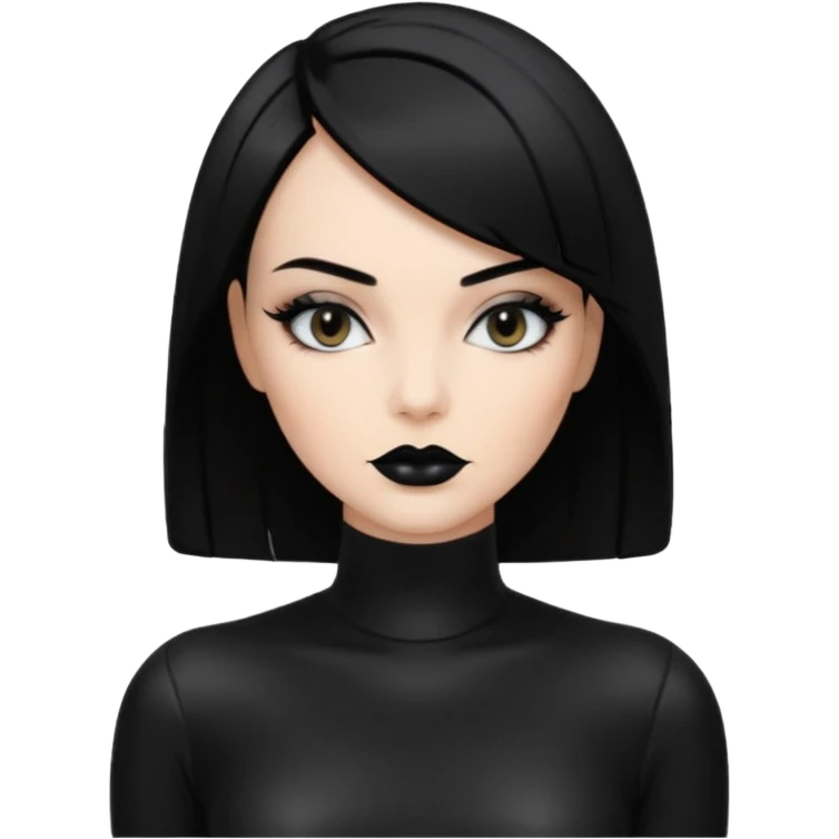 A white woman with a sleek black bob haircut, wearing glossy black lipstick and dark eyeshadow, dressed in a shiny black catsuit. emoji