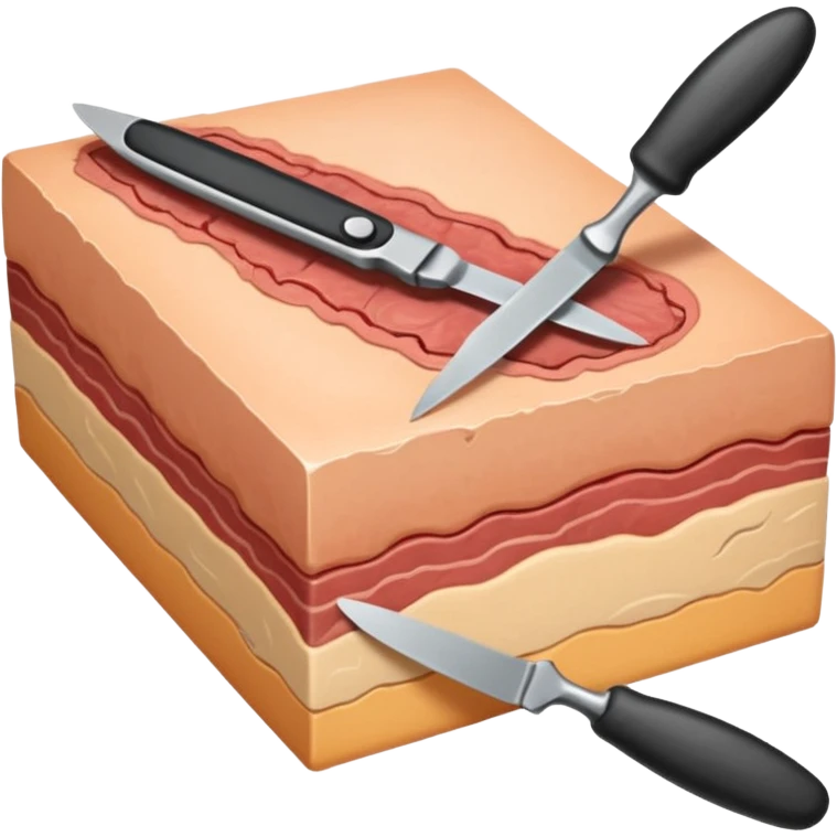 bisturi médico cortando um bloco de pele, mostrando as camadas internas (epiderme, derme e hipoderme), sem o medico emoji
