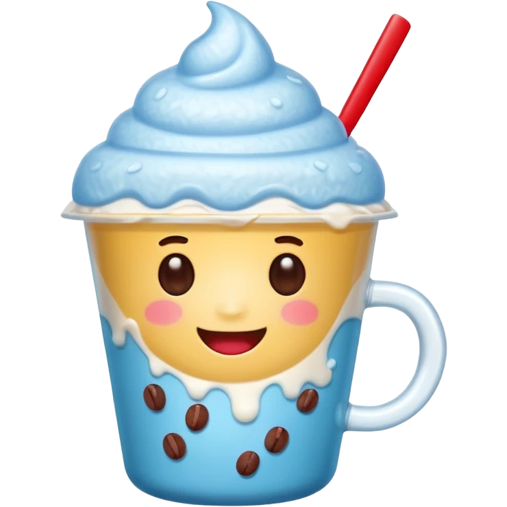 cute smiling shaved ice emoji character in a transparent MEGA COFFEE cup, topped with red beans and a tiny milk drizzle, round eyes, chubby cheeks, happy expression, minimal and expressive, LINE emoji style emoji