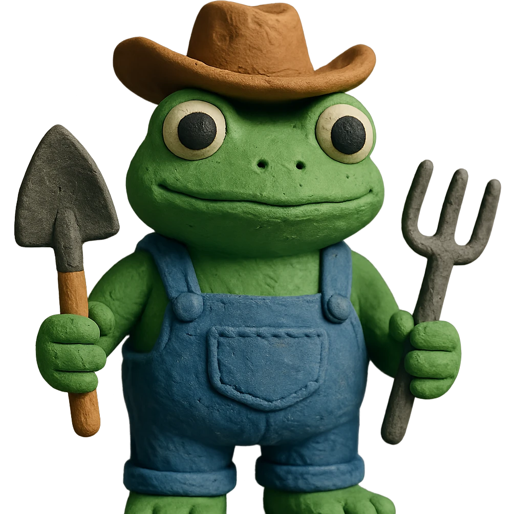 frog with cowboy hat, denim overalls, and gardening tools emoji