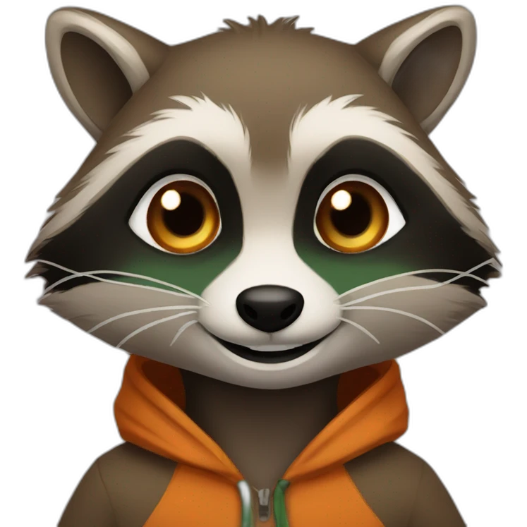 brown raccoon with orange eyes and a dark green hood that smile emoji