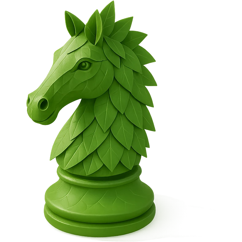 Create a 3D knight chess piece inspired by Gaia, with the horse made of green leaves for fur, natural and elegant style, no background. emoji