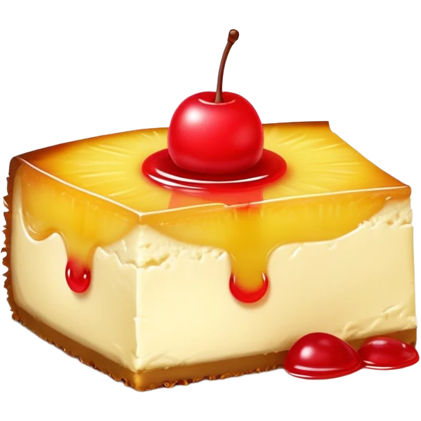 Pineapple upside down cheesecake slice topped with maraschino cherry  emoji