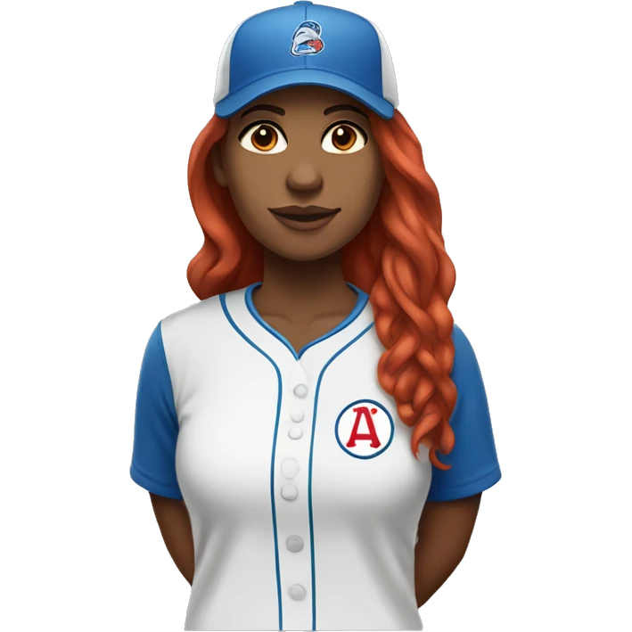 front facing standing up female coach with long red hair, wearing a white t-shirt and a simple baseball blue hat emoji