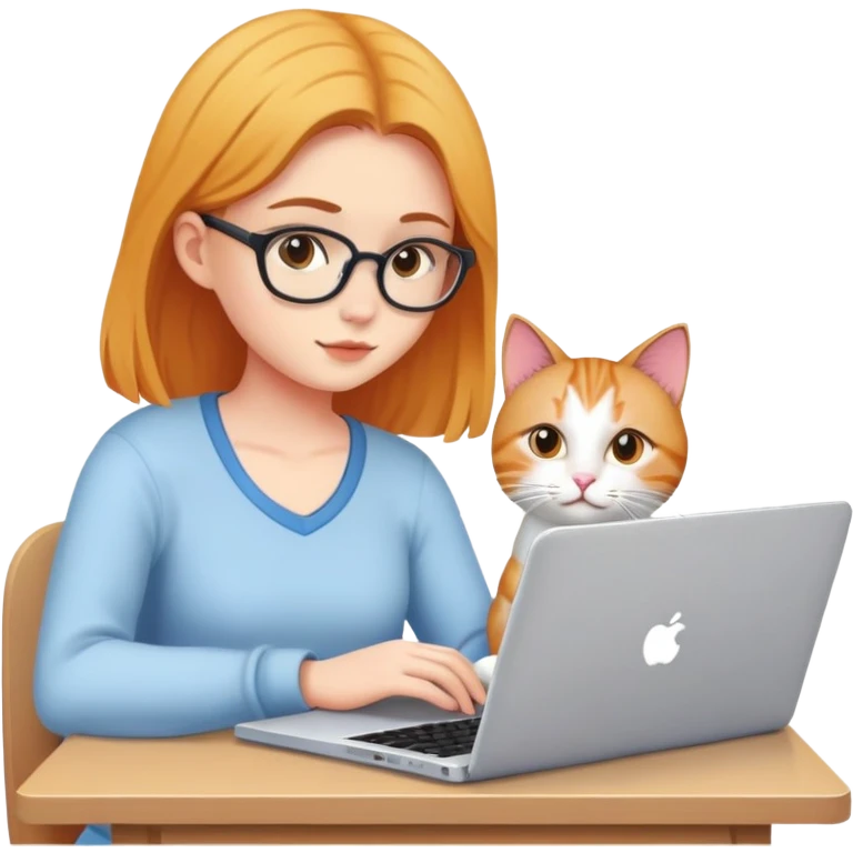 A girl is working hard on a laptop with a cat next to it emoji