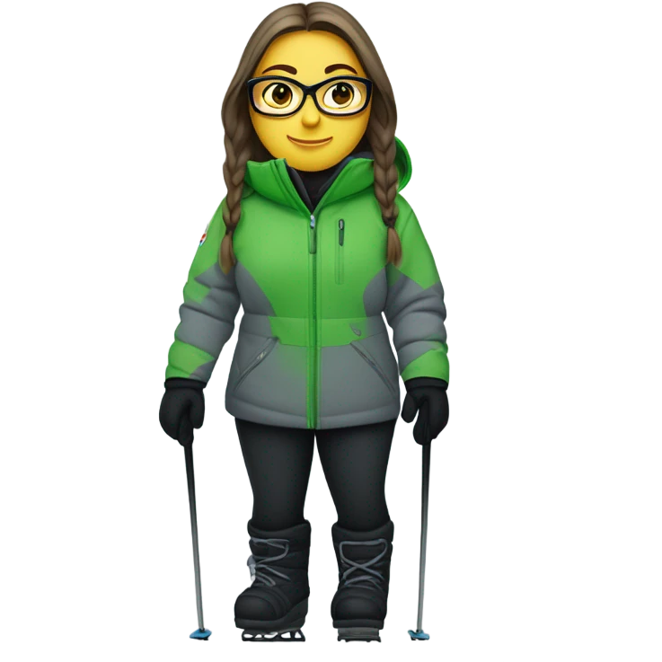 Green-eyed, fat female skier with long straight hair, glasses, grey snow jacket, long black pants, black only snow boots, wearing black skis standing tall. emoji