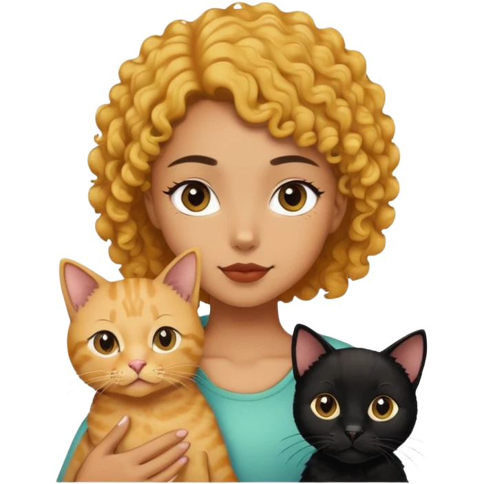 The girl is holding a black cat, a yellow shorthair cat and a curly-haired dog emoji