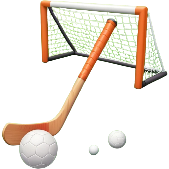A field hockey stick and ball on a vibrant green grass field, with goalposts and clear field markings in the background. The scene emphasizes the bright, lush grass, highlighting the fast-paced and strategic nature of hockey on a well-maintained pitch. emoji