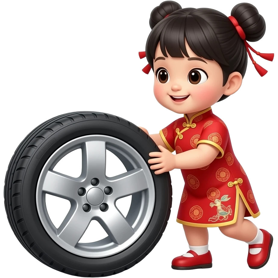 chinese dress cute asian kid playing with big car wheel emoji