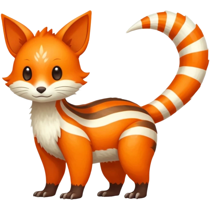 lush warm-colored Fakémon-Trico-creature (full body) with white cheek markings, white-striped tail emoji