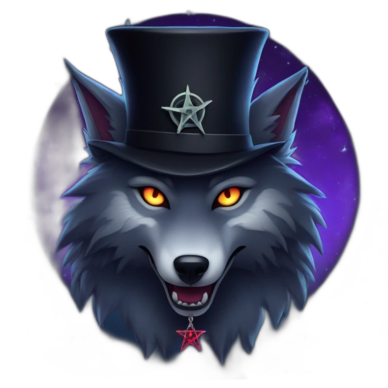 demonic wolf with a pentagram top hat and a pentagram chain with a haunting night background emoji