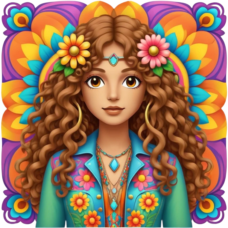 Create a 3D ultra detailed psychedelic colored square hippie style flower border with a gorgeous hippie in the center with long curly hair, bell bottoms, and a fringed jacket emoji