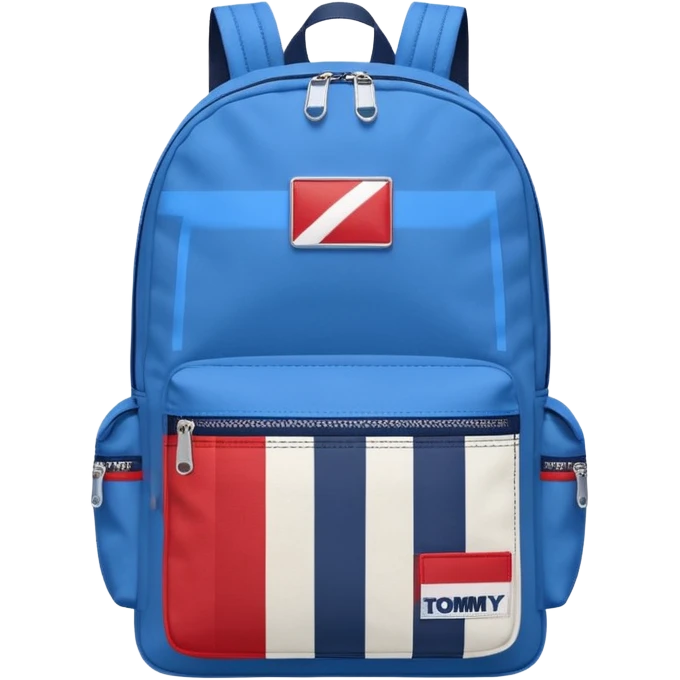 simple blue backpack, at the bottom pocket there is a  logo featuring a Tommy Jeans-inspired logo. The logo looks like a vertically one red, one white. The flag stripes are vertical, not horizontal. Flat

 emoji