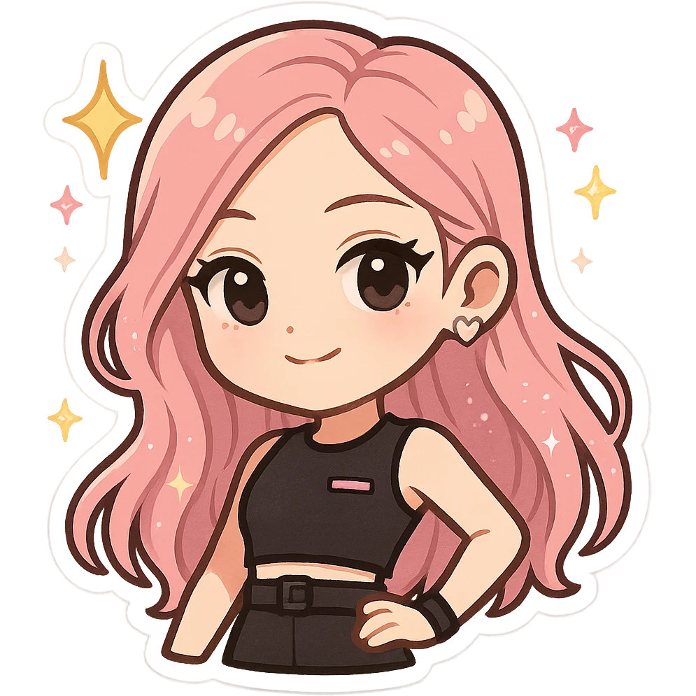 chibi sticker of Rosé from BLACKPINK, black and pink colors, cute and collectible style, with glitter and sparkles emoji