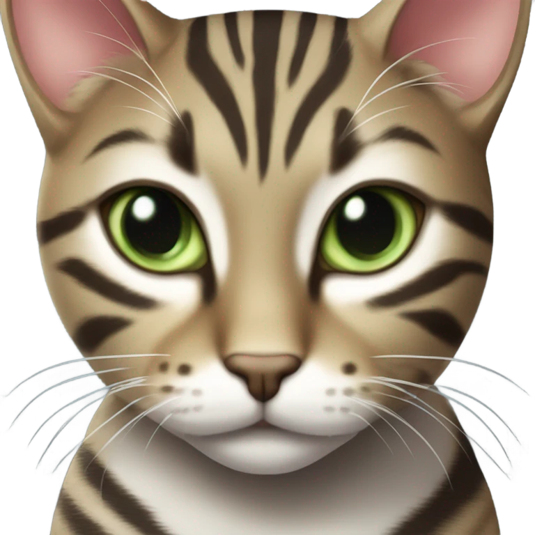 A tabby cat with a white chest and paws, large green eyes, and perked ears. It has a sleek, striped coat with a mix of dark gray and brown tones. emoji