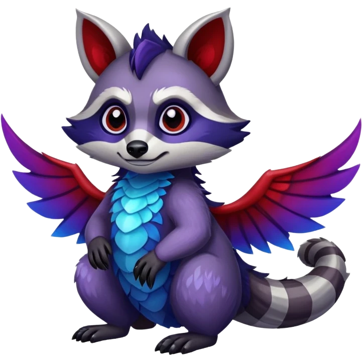 Raccoon dragon hybrid with wings dark purple and blue and red emoji