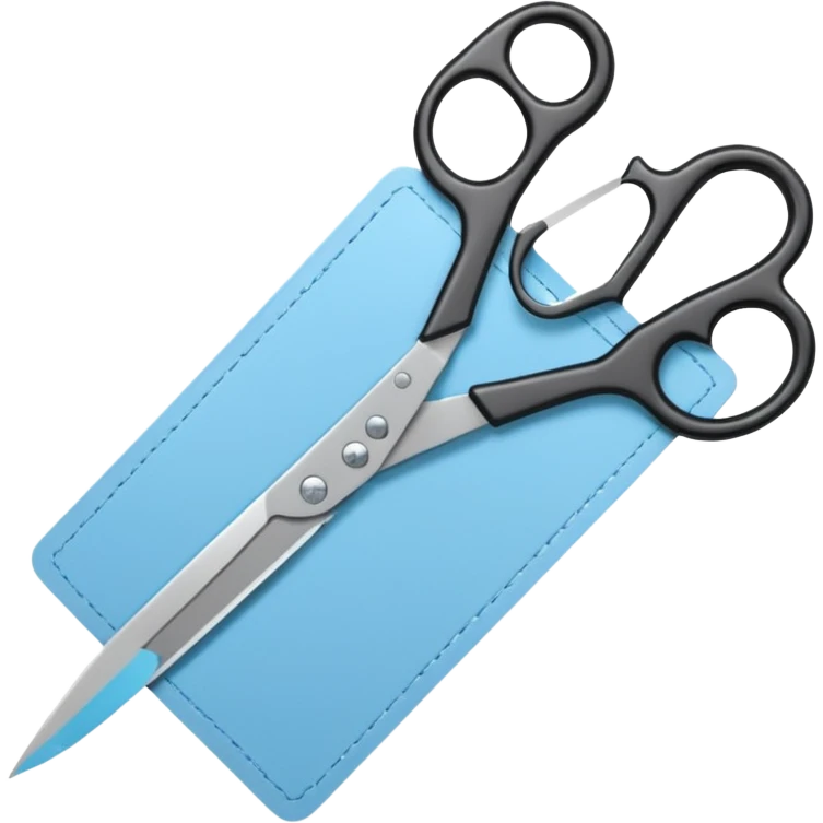 Floating black Scissors cutting a light blue military ID card in 2 parts .hyper realistic emoji