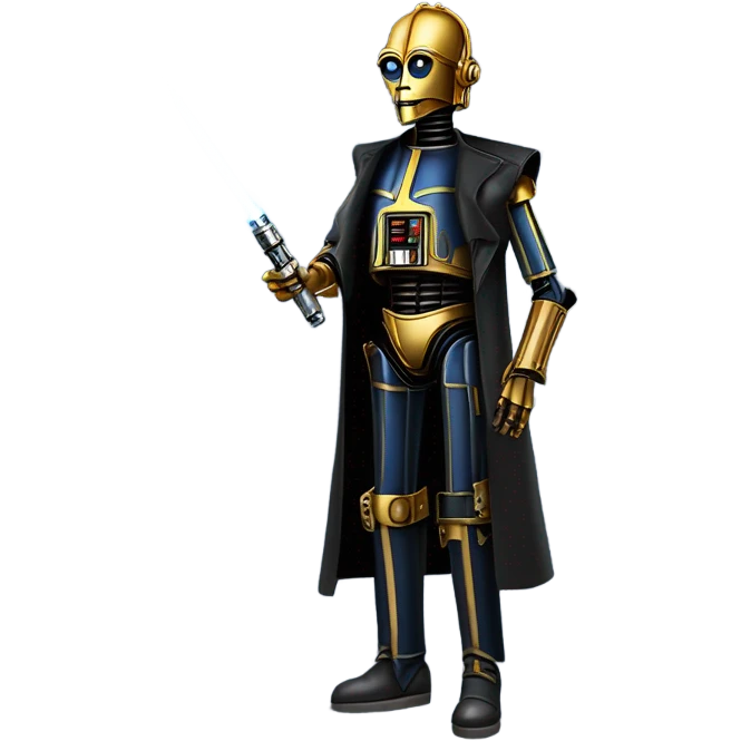 tough well-equipped jedi first order life-sized darkblue-pearl C3po as a friendly bounty hunter droid wearing a leather clothing old west duster coat holding light saber emoji