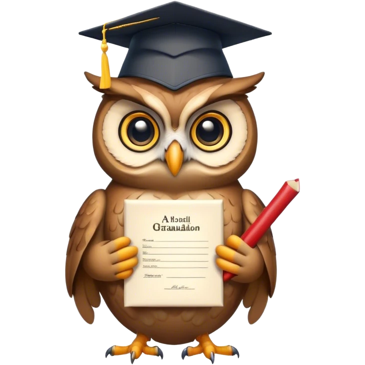 Owl smiling with graduation hat and diploma in claws emoji